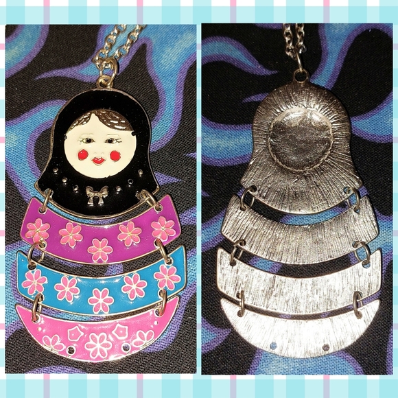 2Pc Bundle of 579 Russian Nesting Dolls Silvertone Necklace & Stretch Bracelet - Picture 2 of 7